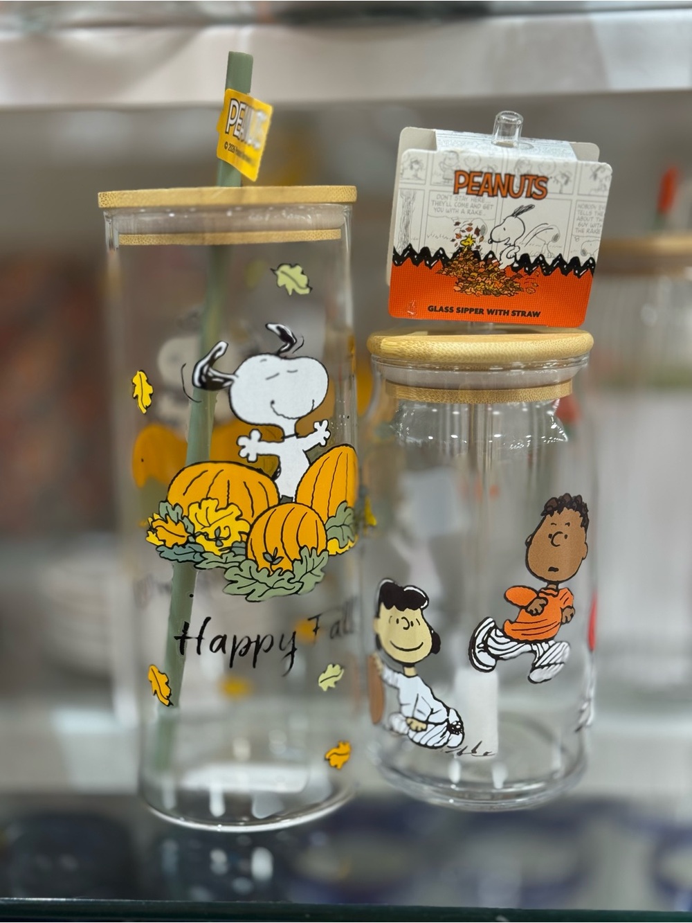 2 Peanuts Snoopy Glass Tumblers with Straw